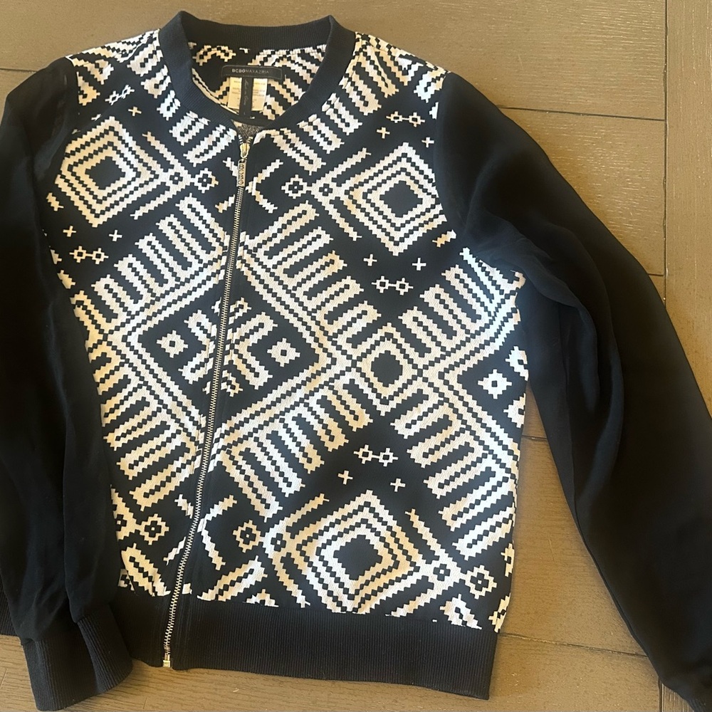 BCBG Maxazria Sheer Sleeved Zip-Up Jacket